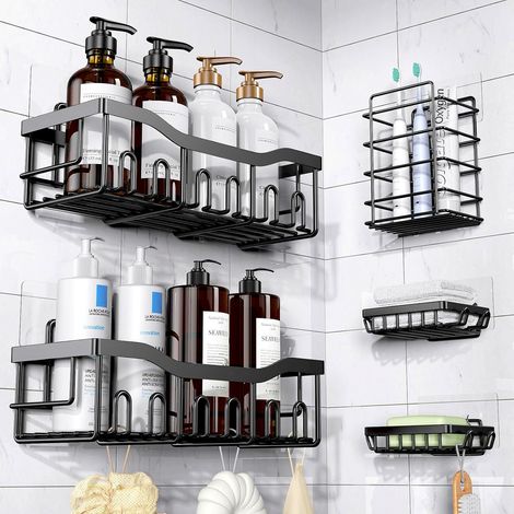 Mensola portaoggetti per doccia senza foratura, set di 5 ripiani portaoggetti, accessorio da bagno in acciaio inossidabile 304, organizer per doccia nero