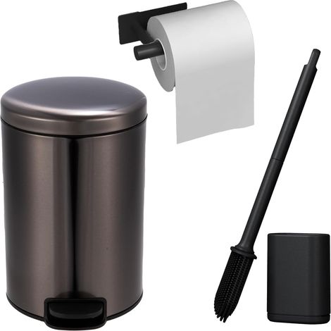 Poubelle de Salle de Bain 7L, Distributeur de Papier Hygiénique, Couvercle avec Brosse WC, Poubelle à Pédale pour Toilettes, Compact, Petit Espace, en Acier, Fermeture en Douceur, Noir (1/5)