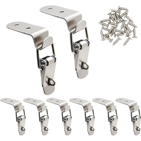 Set di 8 chiusure a molla a 90 gradi in acciaio inox con fibbia e viti di montaggio per scatole, armadi, porte, fienili, casse di legno, cassette degli attrezzi (1/4)