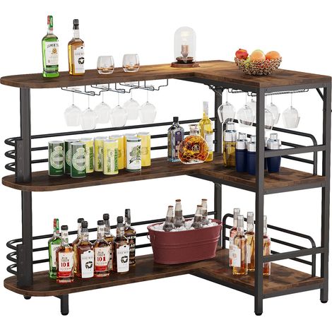 Mueble bar para el hogar, diseño en forma de L, amplio espacio de almacenamiento, color marrón. (1/2)