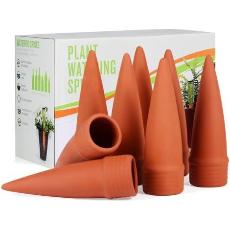 QORVA-Lot de 8 jardinières auto-arrosantes en terre cuite, cône d'arrosage en argile, arrosage goutte-à-goutte automatique pour plantes d'intérieur, marron. (1/5)