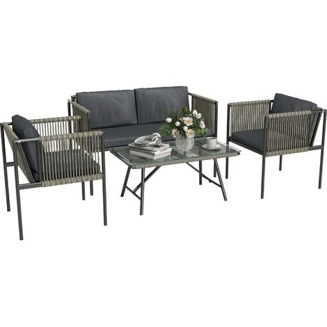Set da giardino 4 pezzi in polyrattan grigio con tavolo in vetro temperato (1/4)