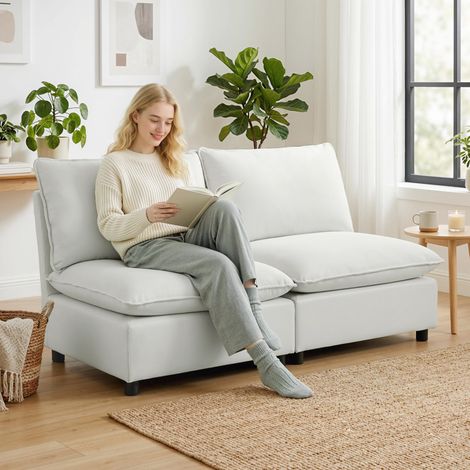 Canapé 2 places, 146 cm, modulable, en similicuir, avec assise large et profonde, coussins épais, montage facile, gris