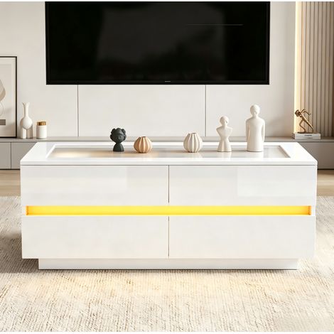 Mesa de centro 100x50x40 cm blanca de aglomerado con vidrio templado, 4 cajones y iluminación LED (1/5)