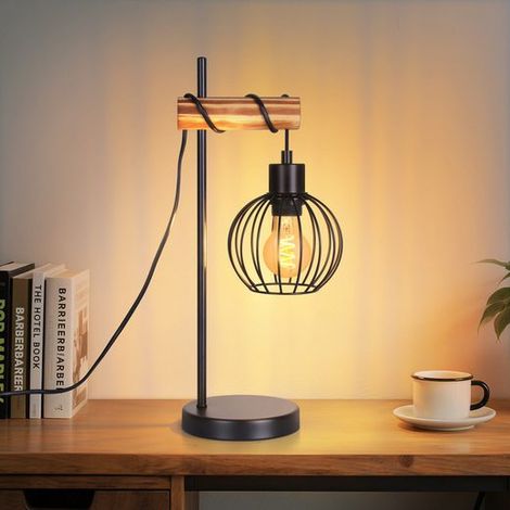 ZMH Lampe de table vintage industrielle noire, bois et métal, douille E27 sans ampoule, avec interrupteur, parfaite pour les tables de chevet, les chambres, les salons et les hôtels - Durable et robus (1/5)