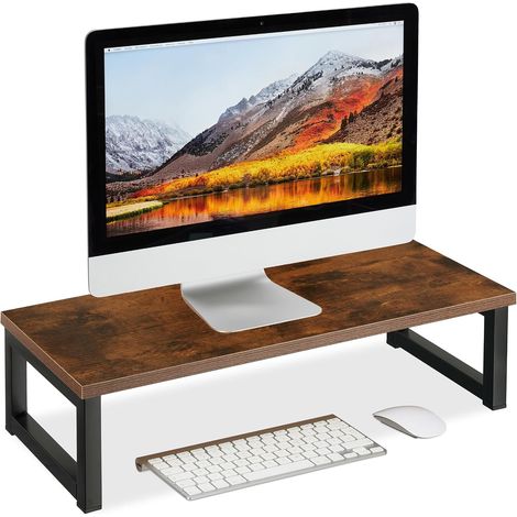 Organiseur pour écran de PC, rehausseur pour Le Bureau, HxLxP: 15x55x23 cm, Design Industriel, Marron - Noir (1/5)