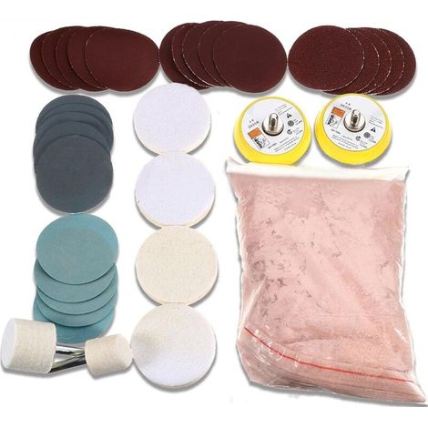 Dischi per lucidare il vetro – Confezione da 34 pezzi con polvere di ossido di cerio (230 g) e tamponi di lucidatura da 50 mm – Per rimuovere efficacemente i graffi profondi su vetrate, specchi e supe