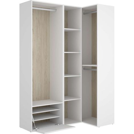 Vestidor de rincón Reus con estantes, zapatero y trasera reversible en blanco/natural, 205cm(alto) 144.5cm(ancho) 84.5cm(fondo) (1/4)