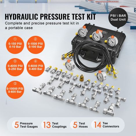 Kit de contrôle pression hydraulique, 10/100/250/400/600 bar, 5 manomètres 13 raccords 14 té 5 flexibles, coffret jauge test pelle tracteur engins (1/5)