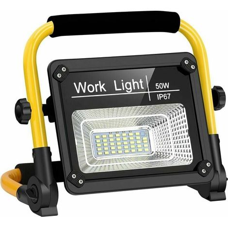 Projecteur LED Rechargeable 50 W IP65 - Lampe de Travail Étanche pour Atelier Chantier Extérieur - Avec Télécommande et Support Réglable - 1 Pièce