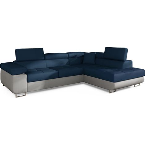 Divano angolare trasformabile MENTON blu oceano e bianco - Angolo destro con contenitore (1/5)