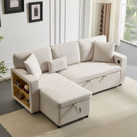Canapé, canapé d'angle, canapé-lit en L, avec port USB, trois coussins, coffre de lit, étagère intégrée, repose-pieds, coffre de lit, canapé-lit 3 places - Beige (1/5)