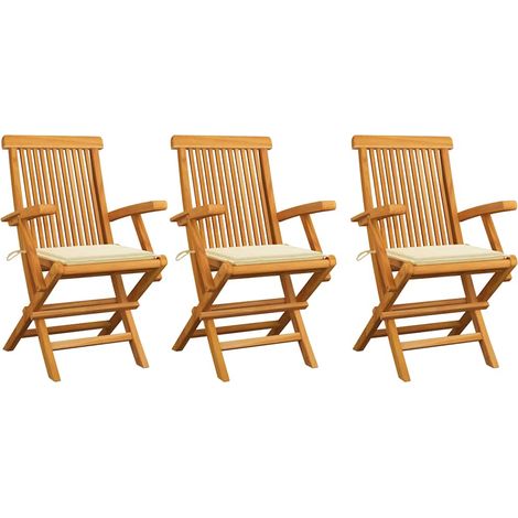 vidaXL Sillas plegables con cojines color crema, 3 unidades, madera maciza de teca. (1/5)