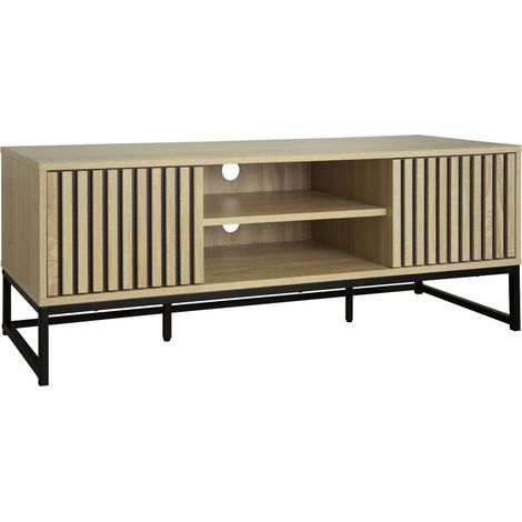 120cm TV unit grooved wooden effect and metal 2 doors, Lisbonne, Natural, 120x40x42 cm