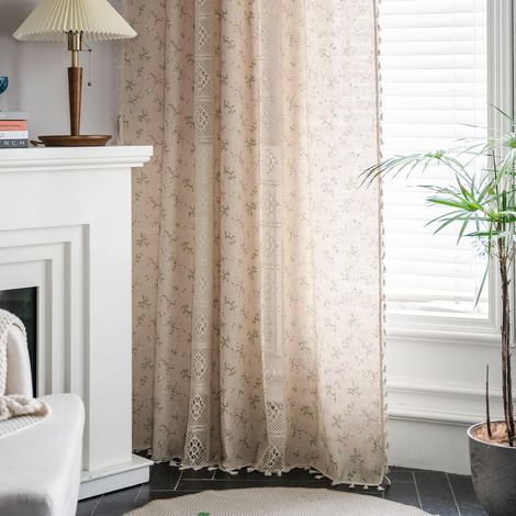 Vorhänge mit Blumenmuster, Länge 150 x 220 cm, 2er-Set, halbtransparente Vorhänge für das Wohnzimmer, Baumwoll-Leinen-Mischgewebe, Vorhänge im Bohème-Stil mit Quasten, beige Vorhänge mit Stangentasche (1/5)
