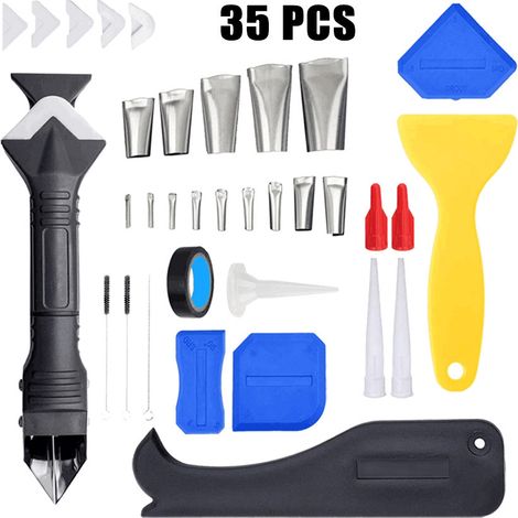 35 Stück Silikon-Dichtungswerkzeug, 3-in-1-Dichtungswerkzeug, 14 Stück Dichtungsdüsen, Kunststoff-Schaber-Set für Badezimmer-Küchen-Bodenecke (1/5)