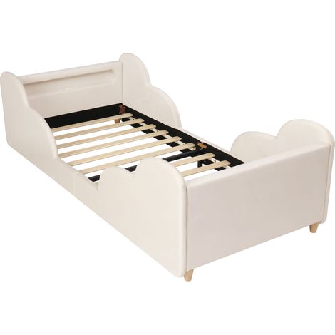 Cama infantil 90 x 200 cm de terciopelo beige con barrera, LED y USB (1/5)