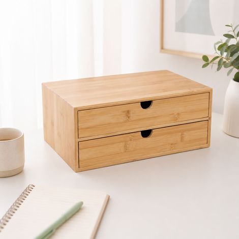 Relaxdays Schubladenbox, Bambus, 2 Schubladen, Büro & Home Office, HBT: 13,5 x 33 x 21 cm, Schreibtisch Organizer, natur (1/5)
