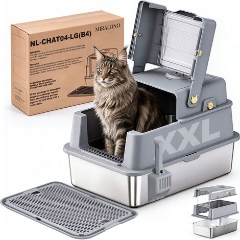 Bac à Litière Chat INOX XXL 3 en 1 - 60x40x40cm - Couvercle Amovible, Marche Anti-Litière, Bords Hauts, Pelle et Filtre à Charbon Actif, Étanche, Anti-Odeurs, Gris (1/5)
