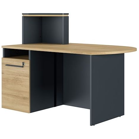 Banc d'accueil chêne ambré retour gauche – Piètement anthracite – Dimensions L 145 x H 112 x P 90 cm – Meuble moderne avec rangement intégré – Gautier (1/5)