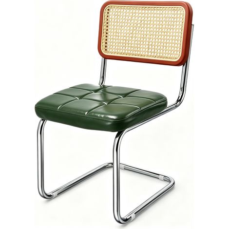 2 chaises de salle à manger avec cadre en acier inoxydable, chaise sans bras de cuisine style milieu du XXe siècle en cuir imitation, dos en raffia naturel et treillis en canne, chaise au style modern (1/5)