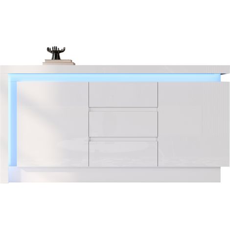 CHICFURN Credenza bassa 140 x 35 x 72 cm in truciolare bianco, LED, 2 ante, 3 cassetti (1/5)