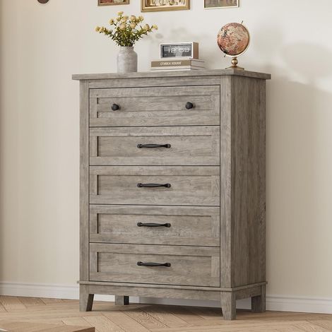 Commode 5 Tiroirs Moderne pour Chambre à Coucher - 41,3" Haut - Commode en Bois Autoportante - Grand Rangement Vertical - Pieds Réglables - Organisateur pour Chambre, Salon, Entrée, Couloir (1/5)