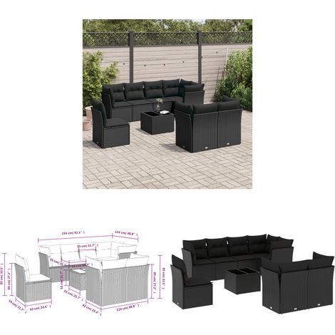 9-tlg. Garten-Sofagarnitur mit Kissen Schwarz Poly Rattan - Gartenmöbel Set - PE-Rattan Möbel - Outdoor Sofa - Esstisch - Lounge Garnitur - Home & Living (1/3)
