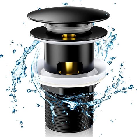 Bonde clic-clac universelle noire avec trop-plein, vidage automatique pour lavabo, vasque et baignoire, équipement salle de bain, sans dépassement de 180 caractères. (1/5)