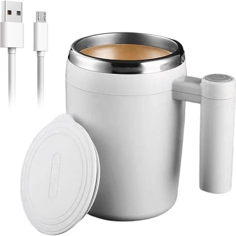 Elektrischer Selbstrührbecher (380 ml) – Automatischer magnetischer Edelstahl-Mixbecher mit Deckel für Kaffee, Milch, Kakao und Tee