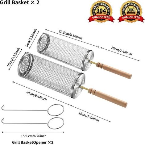 Panier à griller à roulettes - Le meilleur panier à griller jamais conçu, grille ronde en acier inoxydable - Cage à griller 24+22,5 avec poignée en bois allongée (1/2)