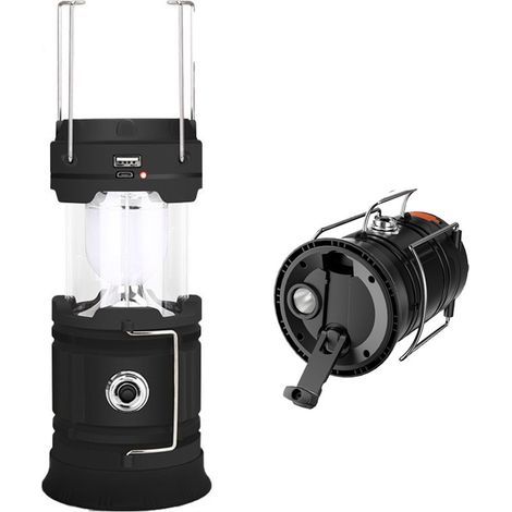CCYKXA Solar/USB Rechargeable LED Lantern, Powerful Camping Lamp, 2 Modes Portable Garden Lantern, 360° Torch Hanging Lighting with Waterproof for Bivouac/Emergency/Garage/Basement/Fishing (Black) (1/5)