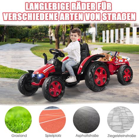 Tracteur électrique enfant rouge 12 V avec remorque amovible, ceinture 2 points et télécommande parentale pour jardin (1/5)