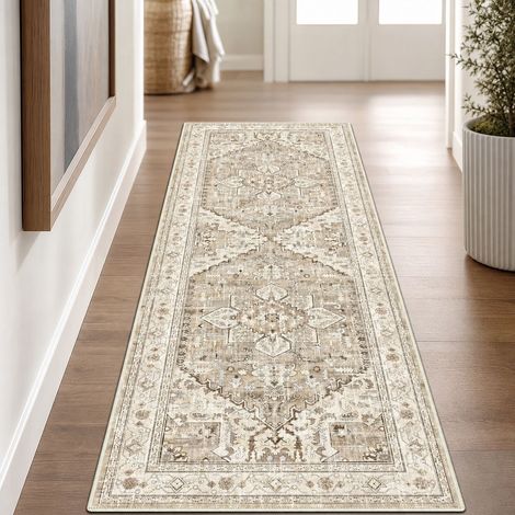 Tapis Couloir 60x180cm Fausse Laine Beige Brun Style Bohème Vintage Antitache Lavable Machine Entrée Cuisine (1/4)