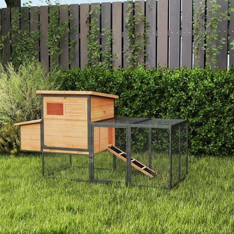 Poulailler cage à poule en bois et acier avec enclos pondoir tiroir à déjection et toit ouvert 192x81,5x104cm orange (1/5)