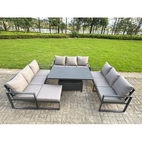 Fimous U-shaped Garden Furniture Set 10-Seater Aluminium Outdoor Dining Set with Adjustable Rising Lifting Dining Table Big Footstool Dark Grey (1/5)