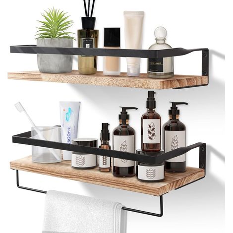 Etagere Murale Lot de 2, Etagères Murales Flottantes en Bois, Porte-Serviettes et Crochets Amovible, Charge Maximale 15kg pour Salon, Chambre, Bureau, Salle de Bain, Cuisine (1/5)