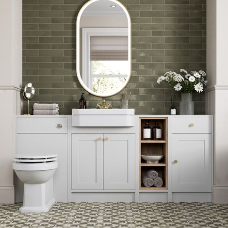 1820mm Bathroom Vanity Unit Toilet Semi-Recessed Basin Shelf Storage Freestanding Traditional Brass Handles, White (1/5)