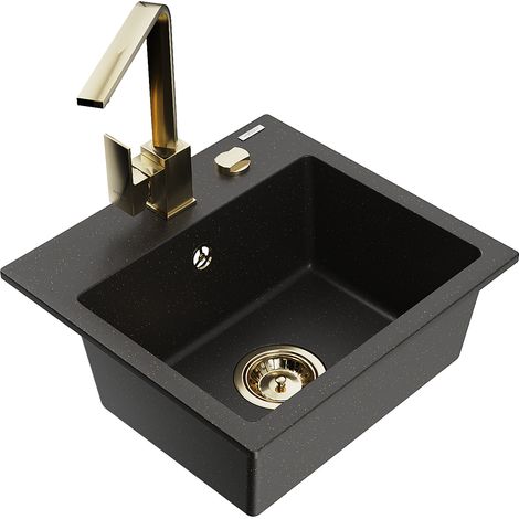 Mexen Milo 1-Becken-Granit-Spüle mit Mischbatterie Rita, Schwarz/Gold metallisch - 6505-75-670300-50 (1/5)