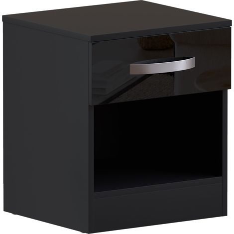 Hulio 1 Drawer Bedside Table High Gloss Cabinet Chest Nightstand Bedroom Furniture, Black (1/5)
