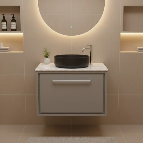 Hudson Reed Lille Wall Hung 1-Drawer Vanity Unit with White Marble Worktop 600mm Wide - Pebble Grey (1/4)