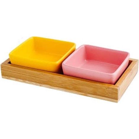 Ensemble de 2 gamelles pour chat et chien, gamelle double pour chats et chiots, gamelle carrée en céramique, assiette en céramique avec support en bois, gamelle pour aliments pour animaux (1/5)