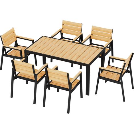 Ensemble Jardin en Aluminium Effet Bois : Table + 4/6/8 Chaises. Robuste, Résistant aux Intempéries, Nettoyage Facile. Parfait pour Terrasse, Jardin ou Piscine. (1/5)
