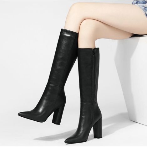 Bottes femme talles genoux pointe fine talon épais large zip latéral, cuir mode hiver (1/4)