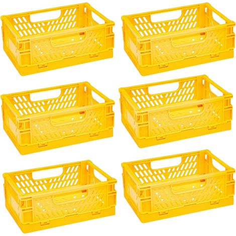 6 Caisse Pliable Plastique, Empilable Cagettes Plastique Pliable Paniers Rangement avec Poignée Panier Rangement Jaune, 20×15×9cm