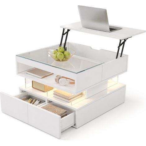 Table basse relevable LED 16 couleurs avec plateau en verre, rangements et mécanisme doux, meuble blanc moderne gain de place pour salon et coin repas - CHICFURN (1/5)