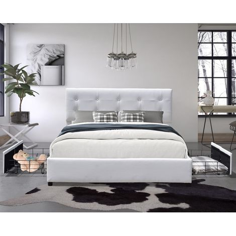 chloe - Letto Solido e Confortevole 140x200 con Rete con 4 Cassetti + Testiera Colore BIANCO + Piedi di 4 cm - 2 x 13 Doghe - Rivestimento in PVC Similpelle facile da pulire - Montaggio Veloce e Facil