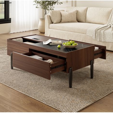 Table basse 105x50x41.5 cm marron en MDF et verre avec rangement, plateau coulissant et pieds métal (1/5)