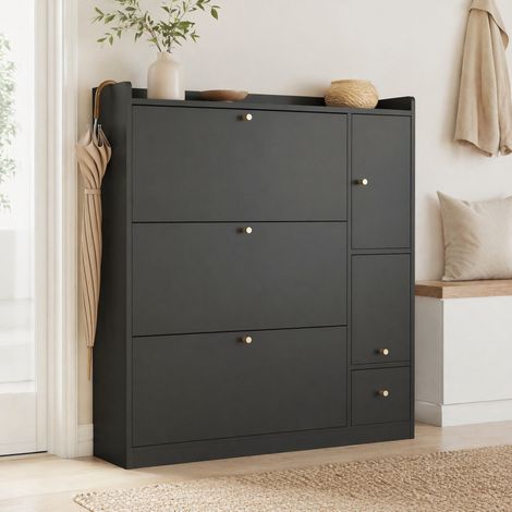 Zapatero abatible de 3 puertas con cajón, organizador de entrada, negro 119x24x122 cm (1/5)
