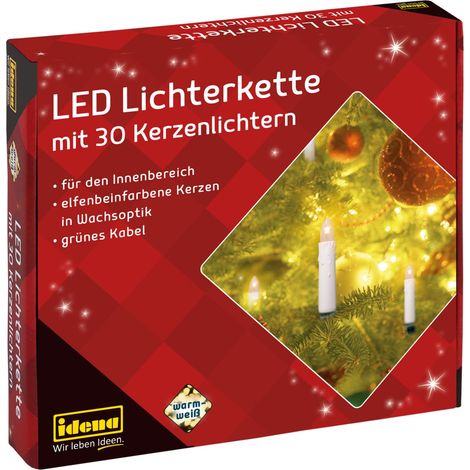 Idena 38192 - Catena di candele a LED con 30 LED in bianco caldo, 30 candele con morsetti, con spina di rete, per uso interno, come decorazione per l'albero di Natale e il bouquet di Natale (1/5)